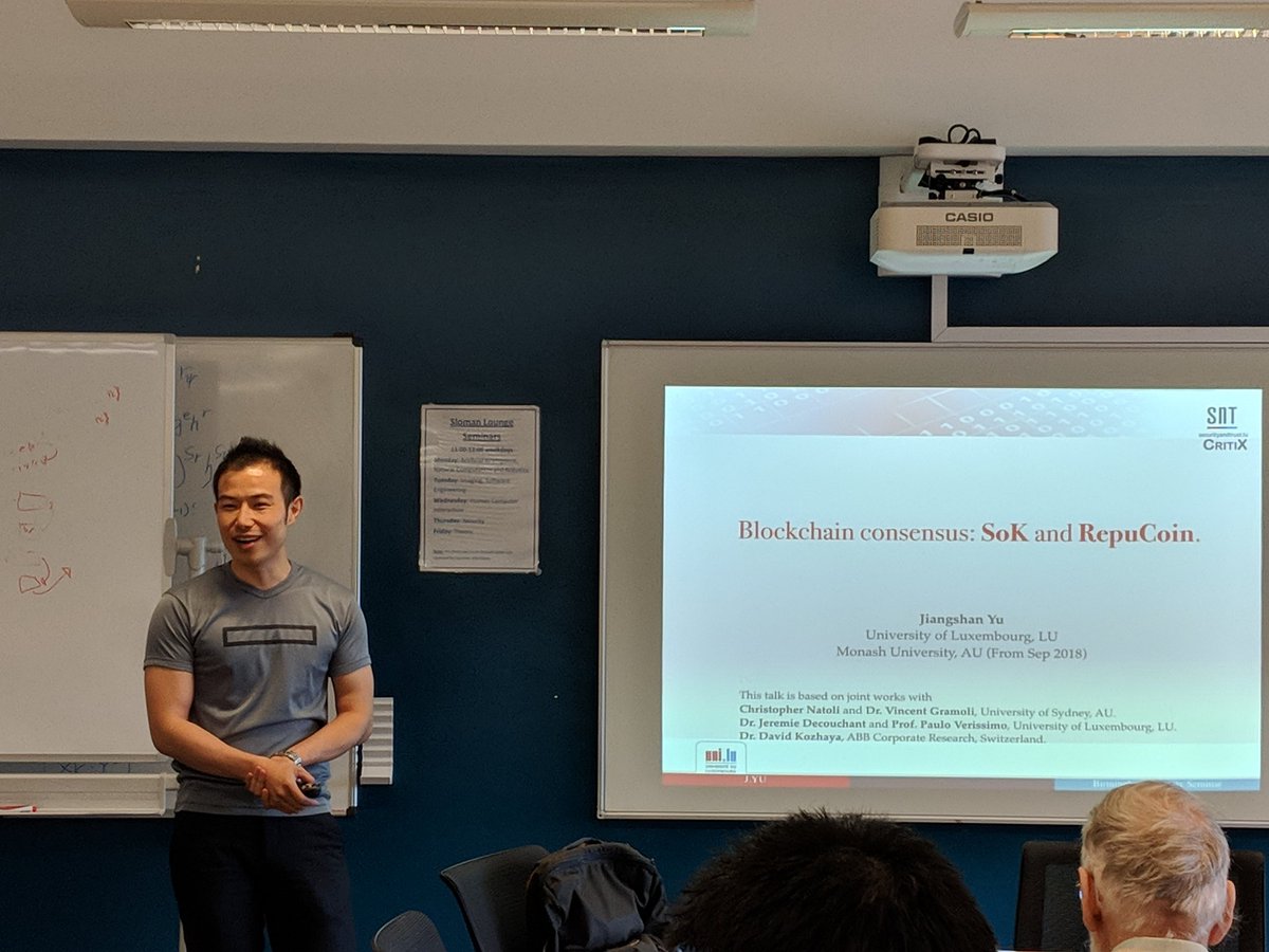 Great to have had <a href="/JiangshanYu/">Jiangshan Yu</a> back for a #cybersecurity seminar on #blockchain consensus &amp; the new proposal RepuCoin