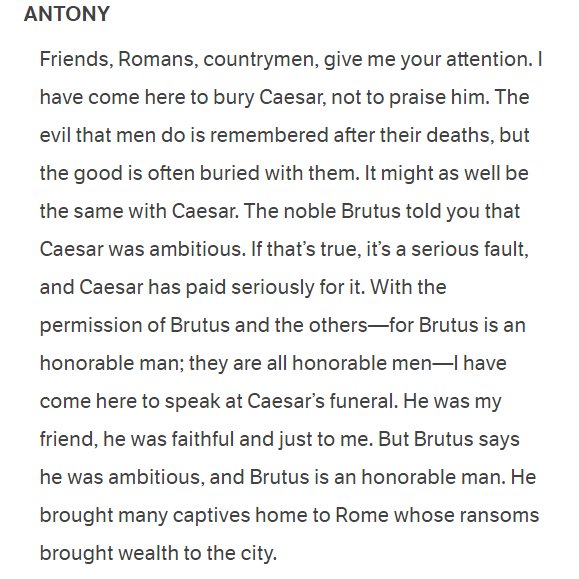 Anamika on X: ""I have come to bury Caesar, not to praise him." "Brutus is  an honorable man." Mark Antony's speech at Julius Caesar's funeral is a  brilliant rhetorical speech.. the below