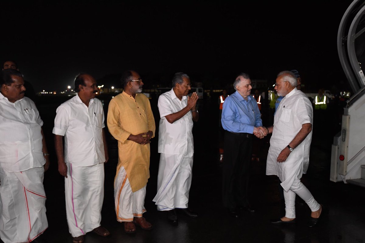 Noida_Times's tweet photo. PM @narendramodi reached Kerala a short while ago. 
Governor Shri Sathasivam, CM Shri Vijayan, Union Minister @alphonstourism and other dignitaries welcomed the Prime Minister at the airport. @CMOKerala #NoidaTimes https://t.co/MAg44uVUjS