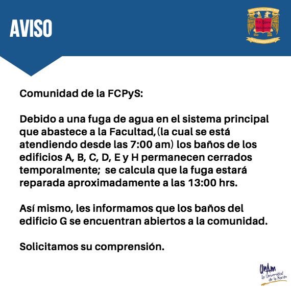 _sede_mx's tweet photo. #Abusados ⚠️ Comunidad de la #FCPyS, @UNAM_MX, los baños de algunos edificios no darán servicio temporalmente, corran al #EdificioG. 🚾🚻 https://t.co/cdHVVzxEnz