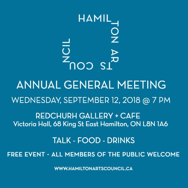Our Annual General Meeting is coming Wednesday, Sept 12 at 7PM hosted by our good friends <a href="/redchurchcafe/">REDCHURCH CAFE + GALLERY</a>. RSVP to attend and hear about the great year we've had and what's to come! #HamArts ow.ly/TRJC30lojLr