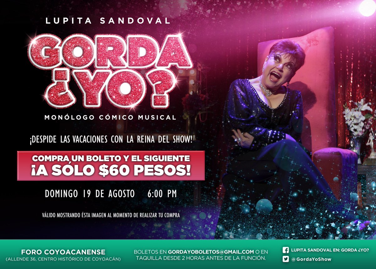 GordaYoShow's tweet photo. Vengan a disfrutar de Gorda ¿Yo? con Lupita Sandoval

MÁS DE 2 AÑOS DE ÉXITO ININTERRUMPIDO

Viajen al país de amarte y conozcan la receta de la felicidad con la Reina del show

AQUÍ 👇🏻 una súper promoción
#BuenViernes https://t.co/8j7NubVOqe