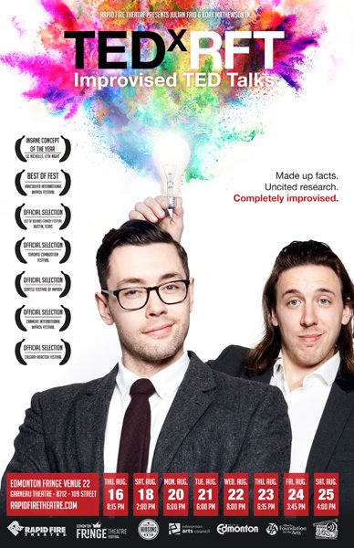 Rapid Fire Theatre (@theatresports) on Twitter photo “It’s a smart improvised format that—as the tagline suggests—will leave you with tons of jokes that are worth spreading.”
FOUR AND A HALF STARS for TEDxRFT <a href="/edmontonfringe/">Edmonton Fringe</a> from <a href="/vueweekly/">Vue Weekly</a>!
edmontonfringe.ca/play/tedxrft-i… <a href="/JFaid/">Jawad Faid</a> <a href="/korymath/">Kory Mathewson</a> “It’s a smart improvised format that—as the tagline suggests—will leave you with tons of jokes that are worth spreading.”
FOUR AND A HALF STARS for TEDxRFT <a href="/edmontonfringe/">Edmonton Fringe</a> from <a href="/vueweekly/">Vue Weekly</a>!
edmontonfringe.ca/play/tedxrft-i… <a href="/JFaid/">Jawad Faid</a> <a href="/korymath/">Kory Mathewson</a>