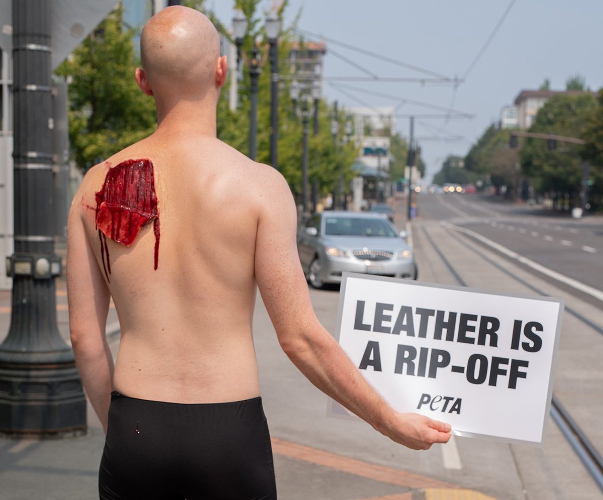 peta on twitter with the help of some clever fx makeup this activist had a piece of his skin ripped off his back to remind passersby that leather is someone s skin let