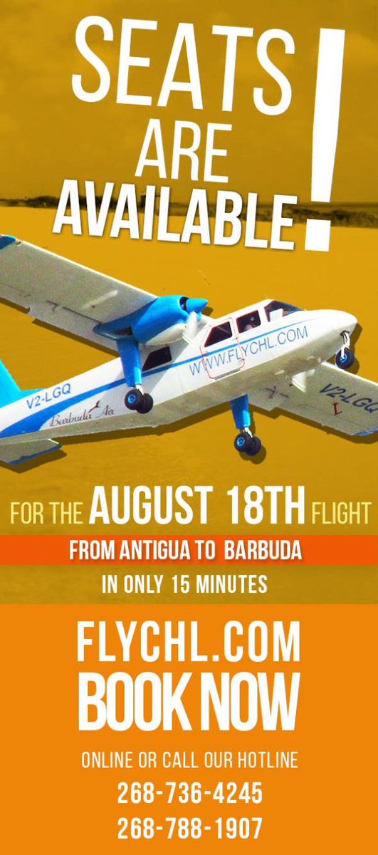 FlyCHL's tweet photo. NEWSFLASH!  SEATS AVAILABLE!  15 min flight from Antigua to Barbuda on Saturday, 18 AUG 18  #comeflywithus  Book now @ https://t.co/tCmr1wdIqH call 268-736-4245 or 268-788-1907 https://t.co/RTtnvY1qdU
