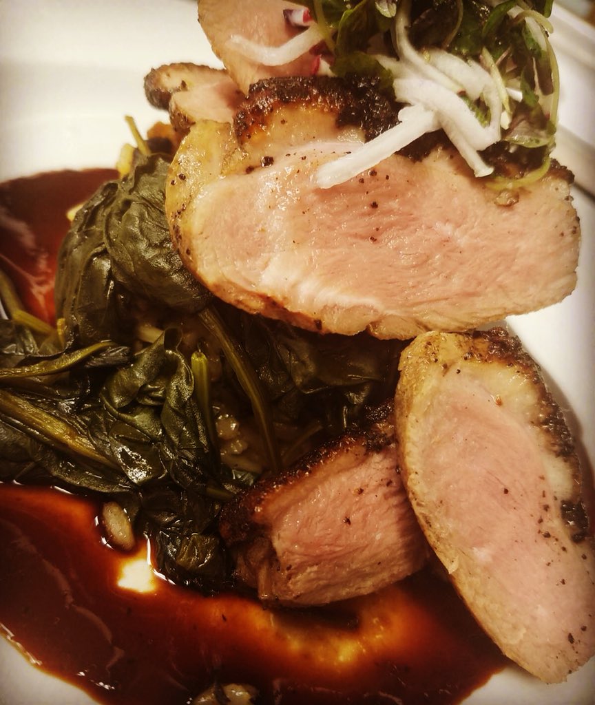 MapleTreeInn's tweet photo. Fried #pimento #cheesegrits w/ #BIOSfarms tomato salad and a #coffee rubbed #duckbreast w/ a @LUXARDOUSA #molasses reduction, wilted #spinach and a petit radish salad #tonight @MapleTreeInn #chefselections #dinner #datenight #birthday #anniversary #mapletreeinn #oldewesternave https://t.co/ohxXfh8bQX