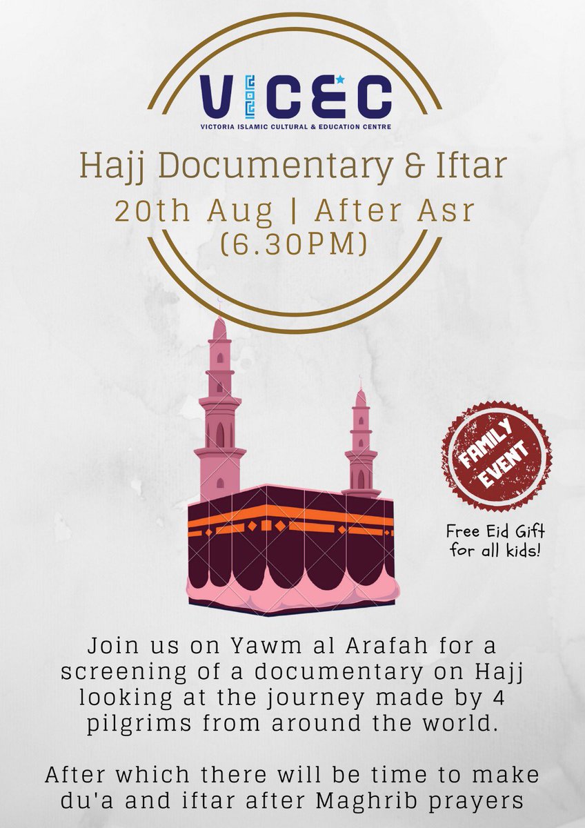 We will be screening a documentary on Hajj and providing Iftar. Come along and learn about Hajj with some good company. 😊 #VICEC #Hajj #Arafah