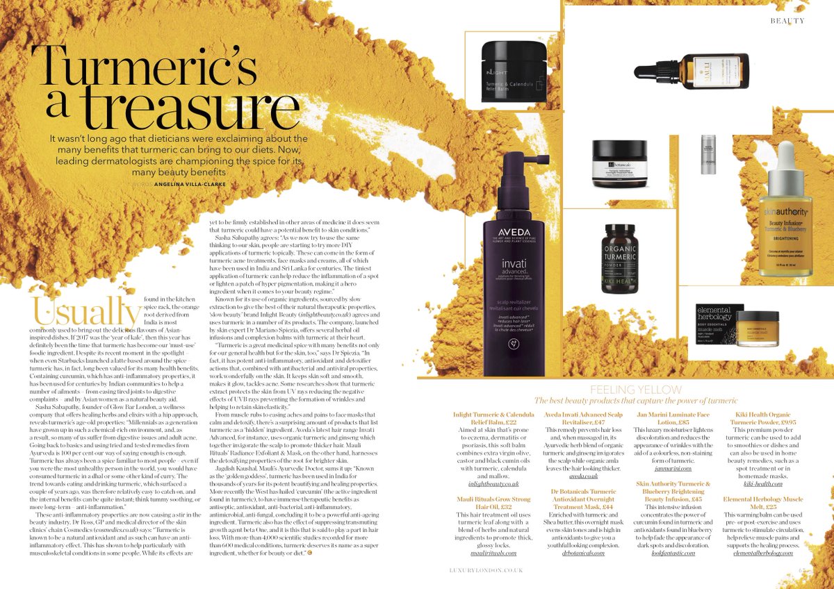 angelinavillacl's tweet photo. The future is orange. Out in this month's issue of @CanaryWharfMag I look at a how turmeric is the must-have ingredient in results-driven products. @AvedaUK @InlightBeauty @ElementalHerb @drbotanicals @JanMariniUK @kikihealth @SkinAuthority https://t.co/JHBeiKZ0WY