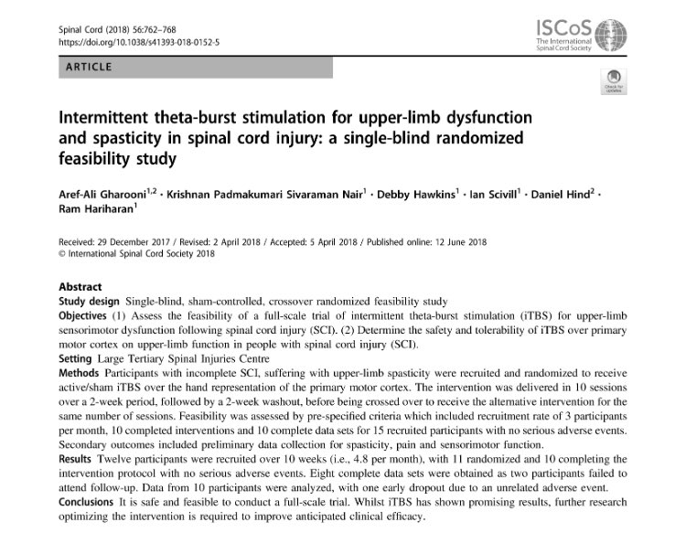 Intermittent theta-burst stimulation for upper-limb dysfunction and spasticity in #SpinalCordInjury: a single-blind randomized feasibility study. Read more: rdcu.be/4lG9