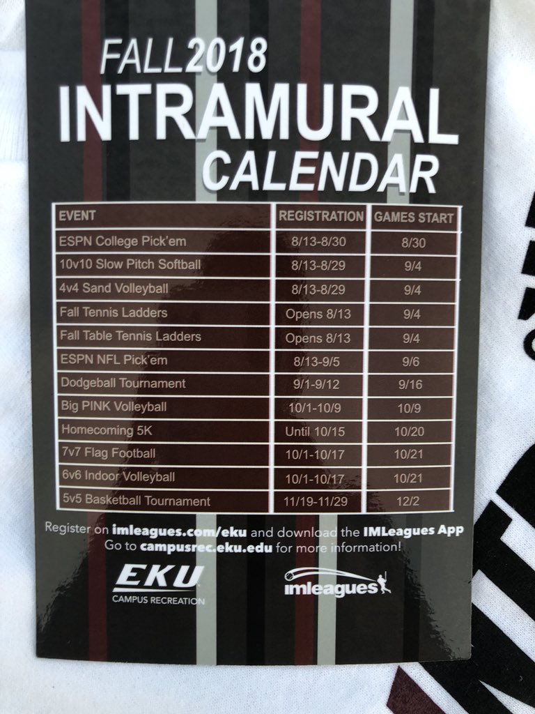 EKUCampusRec's tweet photo. #EKUIMSports fall schedules! Come get yours now @ Big E Bash! Thanks to @adidas for sponsoring the champ shirts this year!  #BigEWelcome https://t.co/oQsCiyUKs4