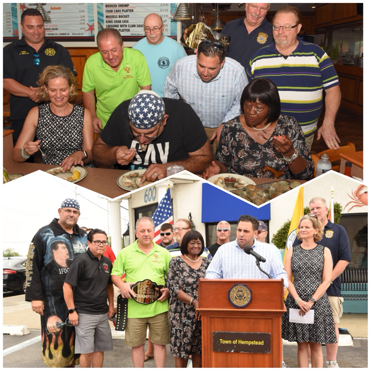 ANTHONYDESPO's tweet photo. Kicked off #ClamEatingContest weekend @PetersClamBar w/@NassauExecutive @dorothylgoosby & members of the fire service! @butch_yamali & staff prepare for the big event this Sunday, where well over 1K clams will be eaten - all for a good cause - the NC Firefighters Museum! https://t.co/XhYiqb0363
