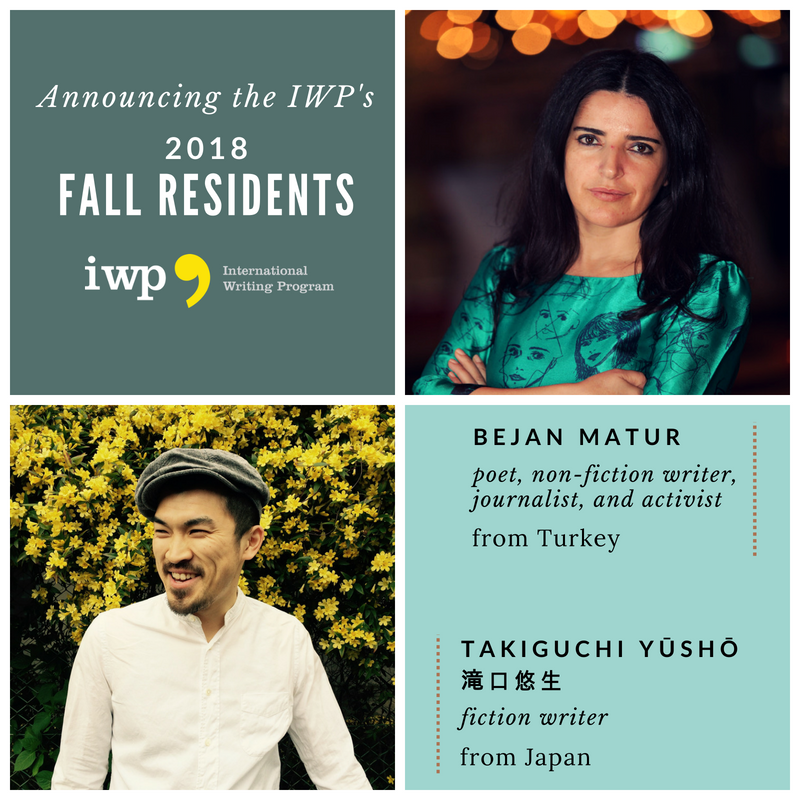 UIIWP's tweet photo. The 2018 #IWPFallResidency begins tomorrow! Please give a warm welcome to our final round of #IWPFallResidents: @bejanmatur & @takoguchiyusho Brief bios and writing samples: https://t.co/yMHg4SksC8 They participate courtesy of an anonymous donor & #WilliamBQuarton @UIowa #IWP2018 https://t.co/8YDZPGaaIC