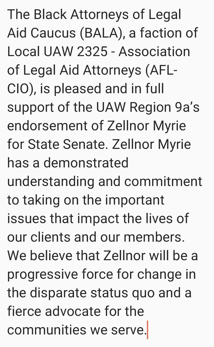 The Black Attorneys of Legal Aid Caucus (BALA), a faction of Local UAW 2325 - Association of Legal Aid Attorneys (AFL-CIO), is pleased and in full support of the UAW Region 9a’s endorsement of Zellnor Myrie for State Senate.
