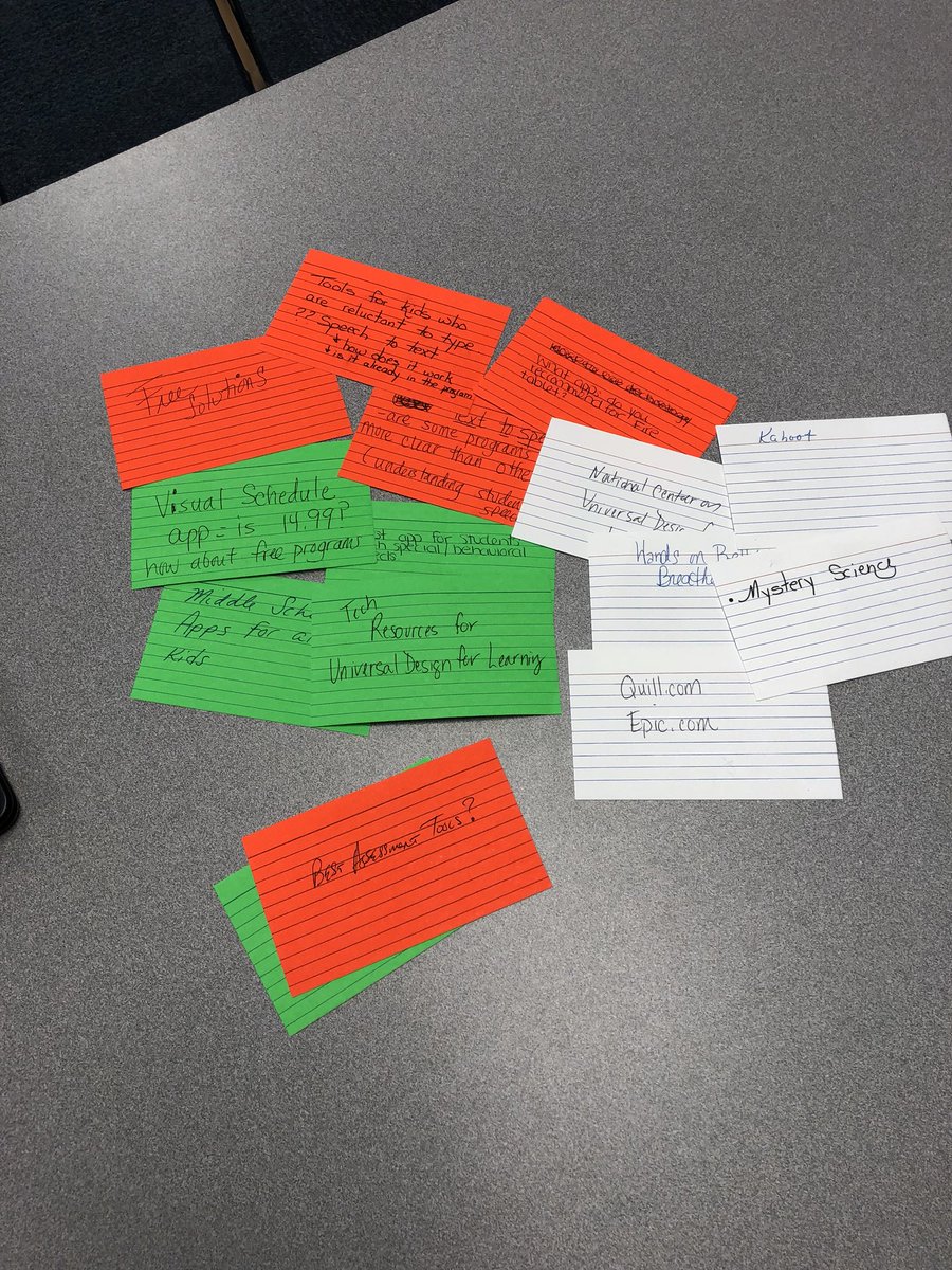 mmatp's tweet photo. Led a session at #Plsea today and used the Pause &amp; Reflect idea from pg 43 Dive Into UDL. Participants got 3 different index cards to co-lead session: 2 things you want to learn &amp; 1 thing you want to share with everyone. It was really good! Thx @eyeonaxs &amp; @KendraFGrant #atchat https://t.co/1jlrwPGZ0L
