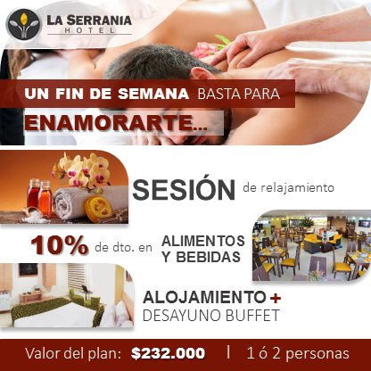 Prepárate para vivir este fin de semana con tu pareja una experiencia única e inolvidable.
--
Reservas: Tels: (7) 6917535 - 310 279 7701
Calle 33 Nº 30 - 26 Bucaramanga
Conoce más de nuestro hotel ingresando a laserraniahotel.com