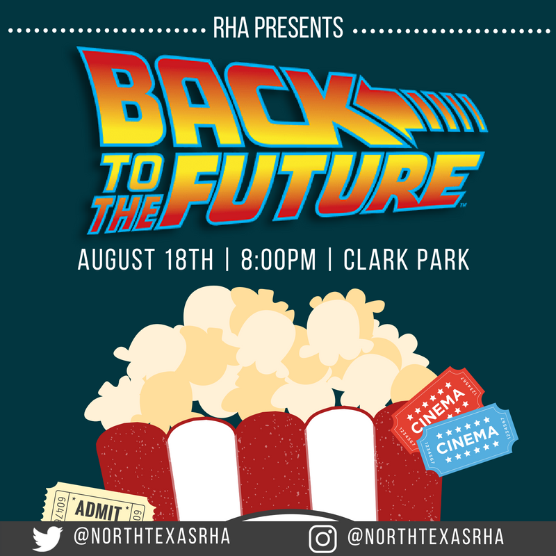 UNT_RHA's tweet photo. Bring a blanket and a friend and enjoy some free popcorn, candy, and sodas at Clark Park! We're showing Back to the Future at 8pm Saturday night and would love to see you there! #unt22 #unt https://t.co/B9AAa88y9T