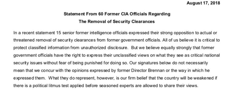 60 former @CIA officers respond to Mr. Trump’s threats. Our nation & our security is weakened if our foremost intelligence experts are forced to pass a political litmus test in order to share their expertise. drive.google.com/file/d/1A6CaiL…