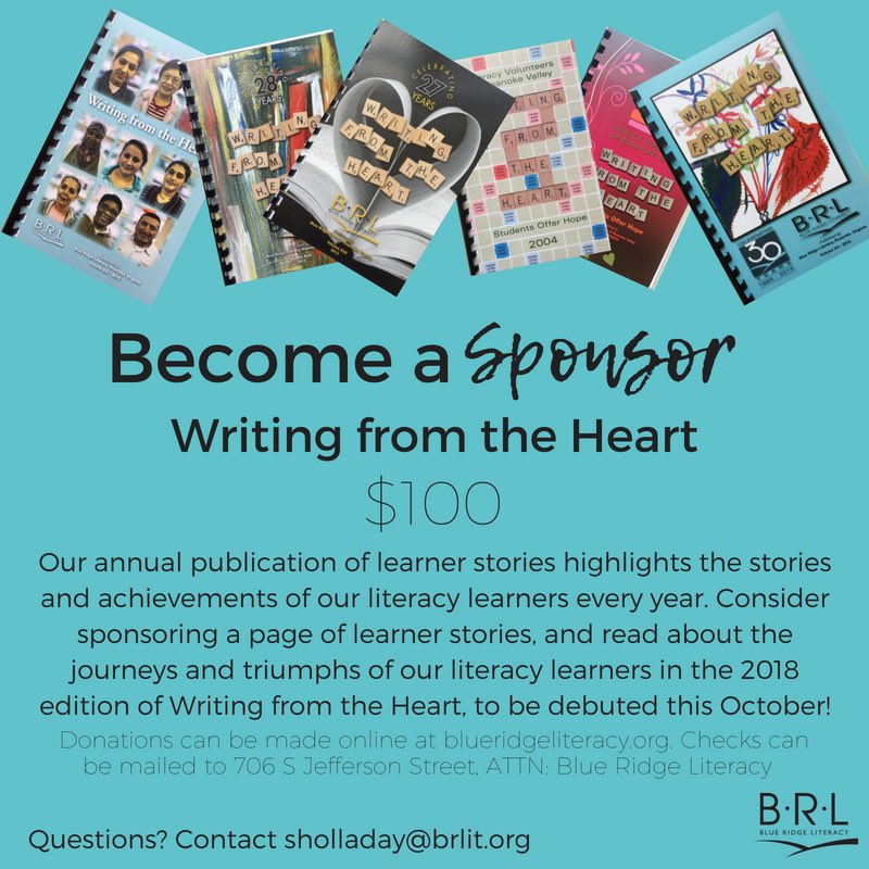 brliteracy's tweet photo. Writing From The Heart is BRL’s Annual Publication of learner stories. Become a sponsor today! #supportliteracy #roanoke #realroanoke #refugeeswelcome #adultliteracy #adulteducation https://t.co/5kUV23KAQE