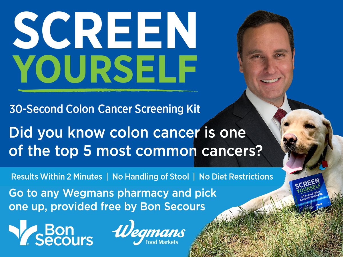 CBS6's tweet photo. Colon cancer is one of the top 5 most common cancers. Pick up your FREE and quick colon cancer screening kit at #Wegmans in the pharmacy section or at select #BonSecoursRVA locations. #ScreenYourself #ColonCancer #RVA https://t.co/gSQ0HIgdeB