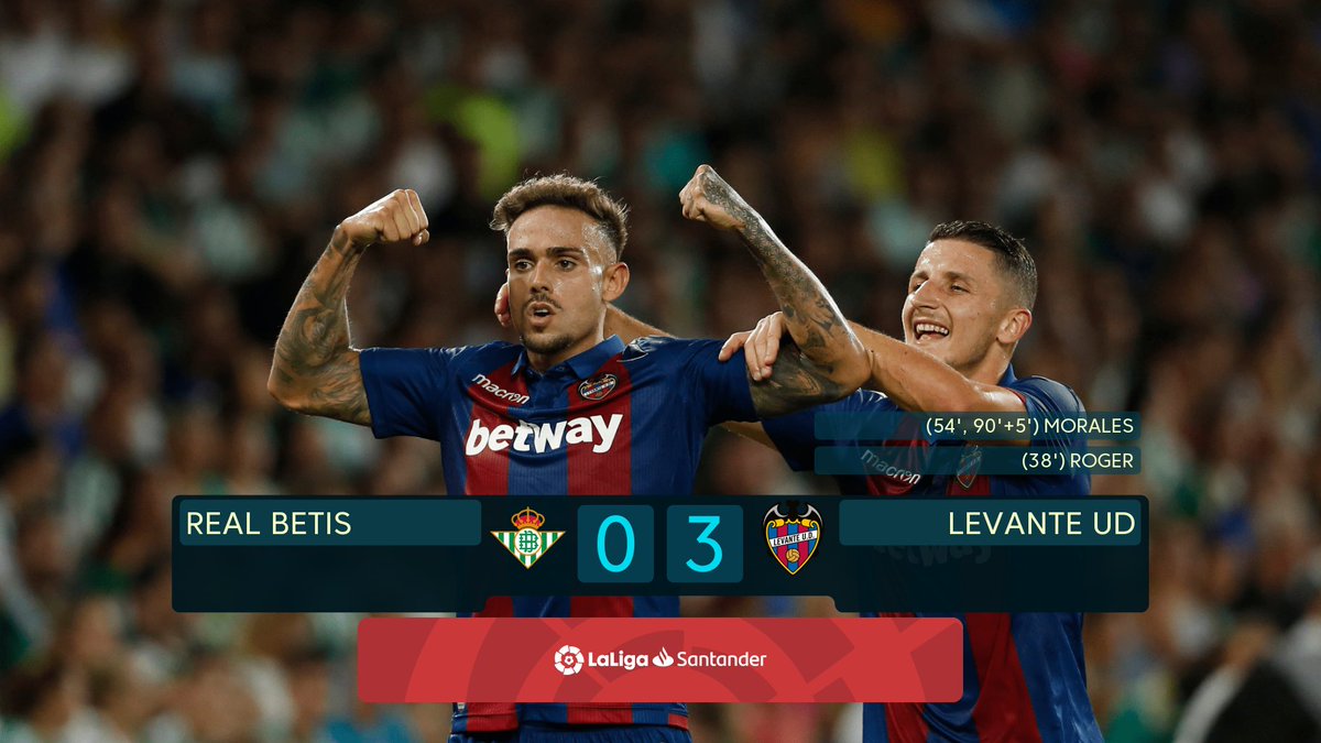 LaLiga's tweet image. FINAL #RealBetisLevante 0-3

👮🏻‍♂️ Comandante Morales
🔫 Pistolero Roger

¡El @LevanteUD comienza fuerte #LaLigaSantander! 💪🐸

#LaLigaSantanderIsBack