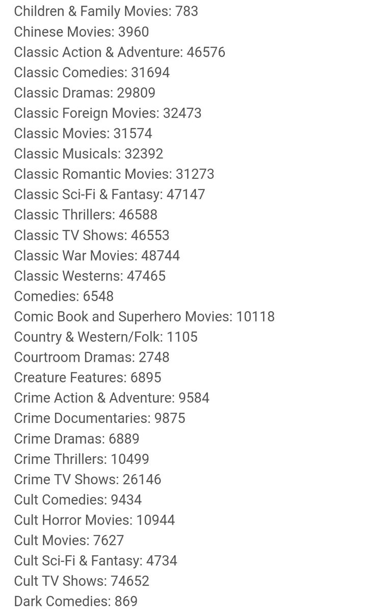 etden's tweet photo. All Netflix categories code. Beberapa katanya tersembunyi.

Copy paste link ini
http: //www.netflix.com/browse/genre/###

hapus spasi setelah titik dua, dan ganti ### pakek list kode ini.

Mungkin berguna mbah @CenayangFilm https://t.co/lLesmDULOa