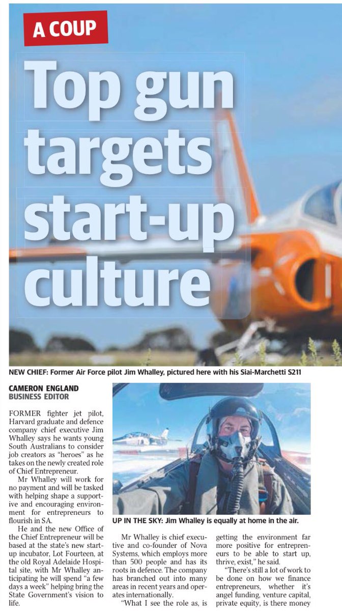 DavidPisoniMP's tweet image. Former jet pilot and defence company chief Jim Whalley becomes Chief Entrepeneur for @southaustralia