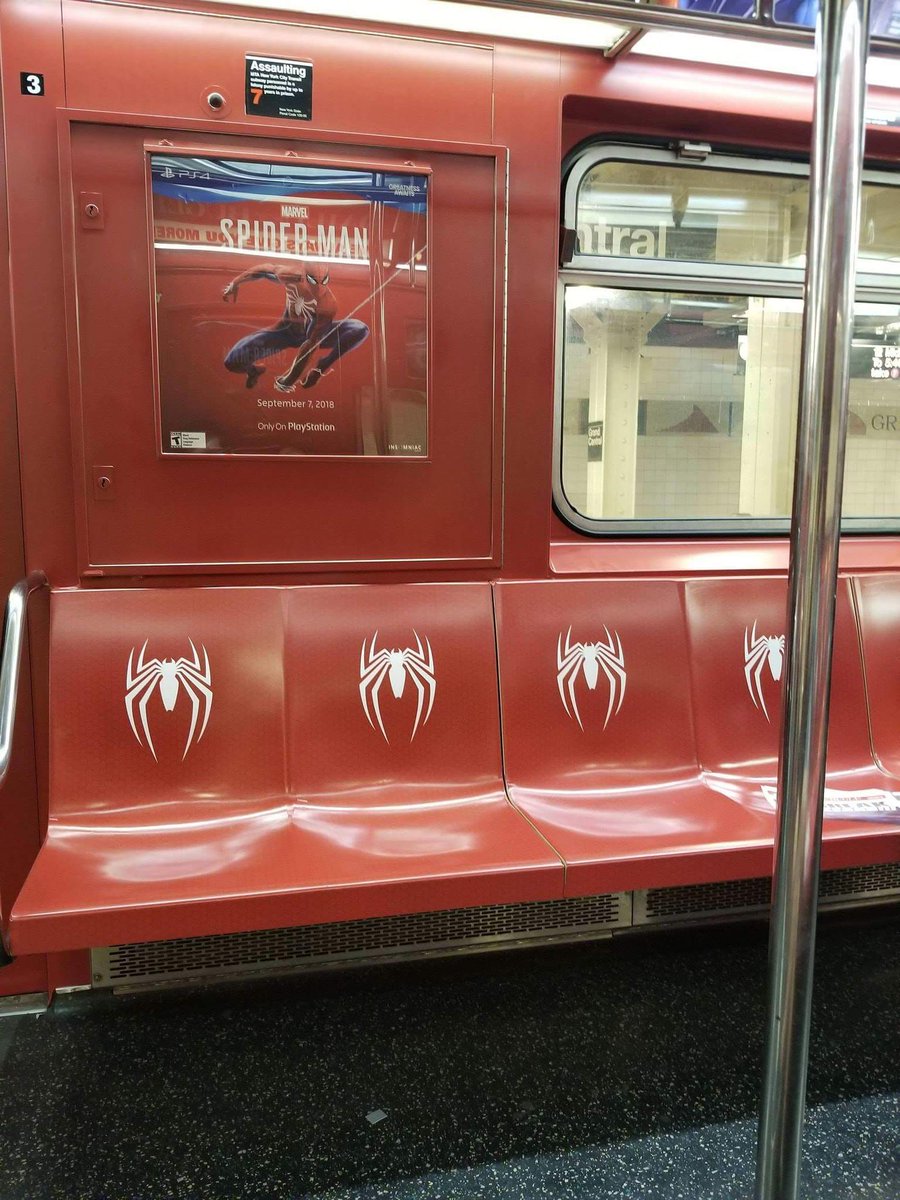 Comics_NCoffee's tweet photo. It seems @PlayStation/@InsomniacGames sure knows how to market a game. This is a #NYC Times Square shuttle train.

#CnC #Marvel #DCcomics #SpiderMan #PlayStation #PS4 #spidermanps4 https://t.co/C3e8vqQOBK