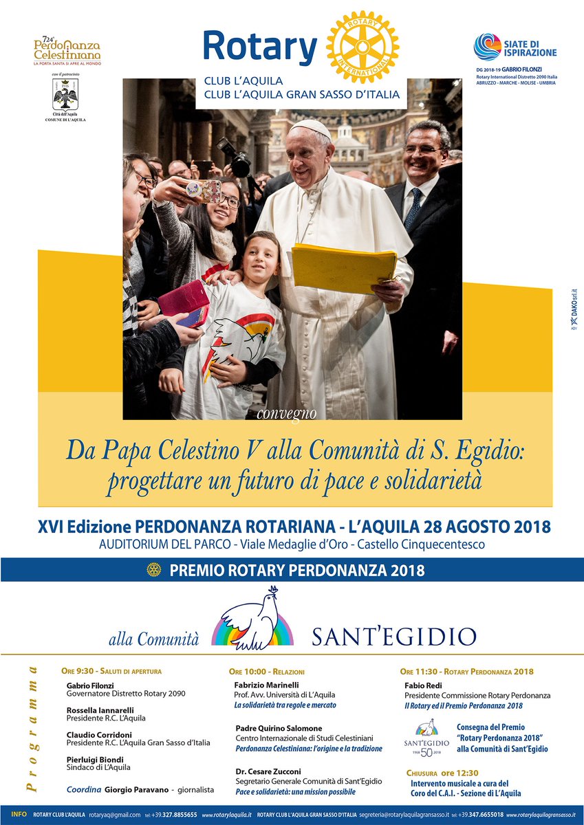Il Rotary L’Aquila e il Rotary L’Aquila Gran Sasso d’Italia, da sempre attenti nei loro services a problematiche sociali e culturali, senza perdere di vista l’aspetto solidaristico e di aiuto a chi ne ha bisogno, conferiscono alla Comunità di S. Egidio il Premio Rotary Perdonanza