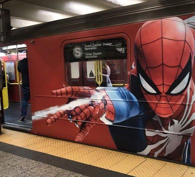 Comics_NCoffee's tweet photo. It seems @PlayStation/@InsomniacGames sure knows how to market a game. This is a #NYC Times Square shuttle train.

#CnC #Marvel #DCcomics #SpiderMan #PlayStation #PS4 #spidermanps4 https://t.co/C3e8vqQOBK
