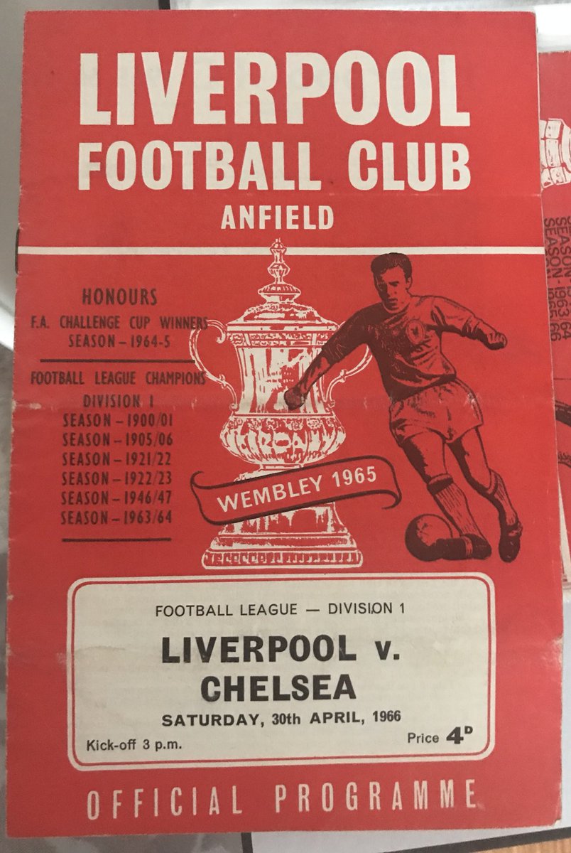 ClasicProgramme's tweet photo. 30 Apr 1966 Anfield
Liverpool 2-1 Chelsea 
First Division
(Shankly’s 2nd First Division title).
Attendance: 53,754
Goal Scorers:
Liverpool - Hunt 48’ 69’. 
Chelsea - Murray 62’. https://t.co/Z1CIPLRxwY