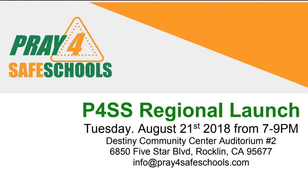 Come to pray4safeschools at Destiny Community Center and hear from a panel of Sacramento area experts on how to make your schools safer through daily prayer and campus involvement. You won’t want to miss this powerful evening!