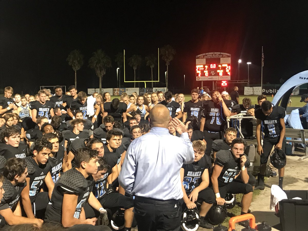 PVSharksFB's tweet image. Final: Ponte Vedra 23 Lake Weir 21. On to Nease next Friday. Coach Toblin addressing his troops.