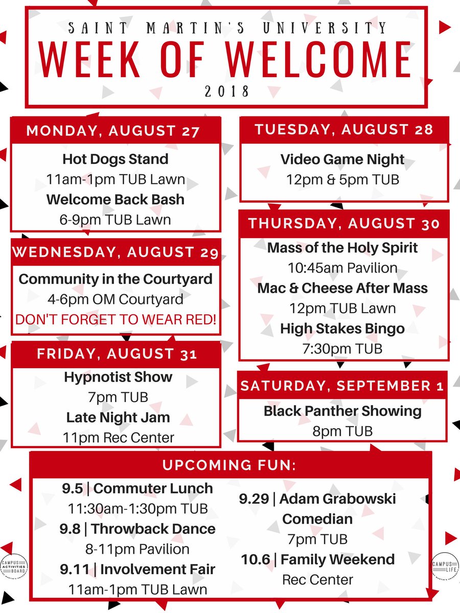 SMUcampuslife's tweet photo. Only 10 days until the first day of Fall semester!! Check out our line up of events for the first week (plus some upcoming fun)! Go Saints! ��� https://t.co/U2G7cYjhy5