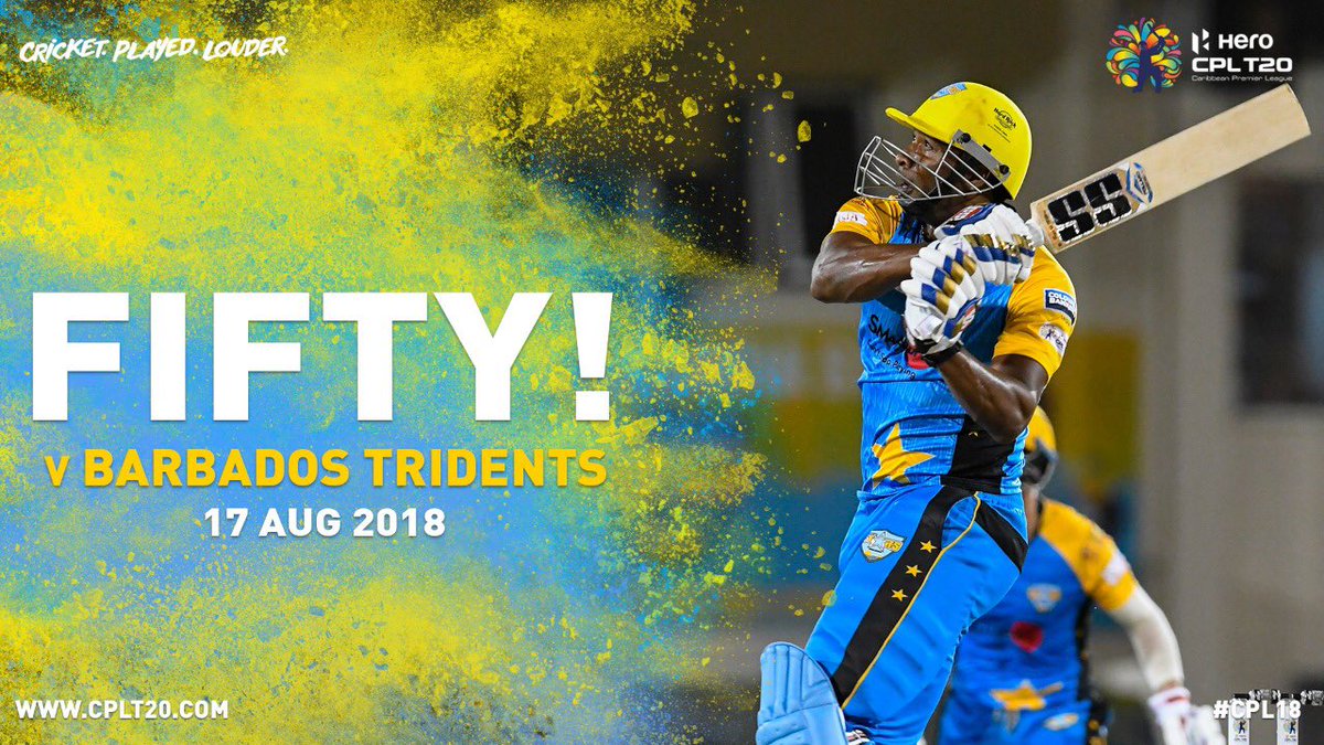 CPL's tweet photo. Two FIFTIES in a row for Kieron Pollard at the Daren Sammy Cricket Ground! #SLSvBT #CricketPlayedLouder #CPL18 #eZoneLogistics #CPLUnboxedByEzone https://t.co/xVcyuQs3Uo