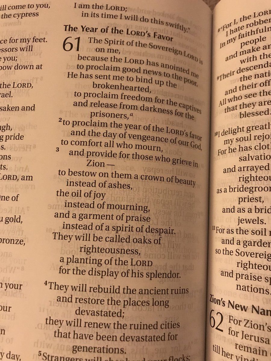 beverlyross's tweet photo. Reading Isaiah 61 one more time before I journal my gratitudes from this day. Tomorrow... #itsbeencoming #newministry #JennysHope https://t.co/oGKLULjAp0