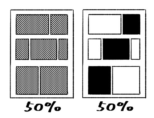 持論ではあるけど、漫画で密度(画面の濃さ)をページ単位で考えたりする。トーンを使って濃さを調整すると画面全体が淡くなり目を引く強弱がつかなくなるので極端にベタを使ってあえてトーンを貼らない。
全体に50%のトーンを貼るのと、ページの半分をベタで塗るのは結果ページの濃さを50%にする。 