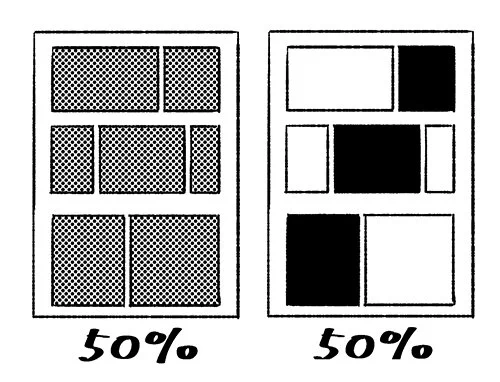 持論ではあるけど、漫画で密度(画面の濃さ)をページ単位で考えたりする。トーンを使って濃さを調整すると画面全体が淡くなり目を引く強弱がつかなくなるので極端にベタを使ってあえてトーンを貼らない。
全体に50%のトーンを貼るのと、ページの半分をベタで塗るのは結果ページの濃さを50%にする。 