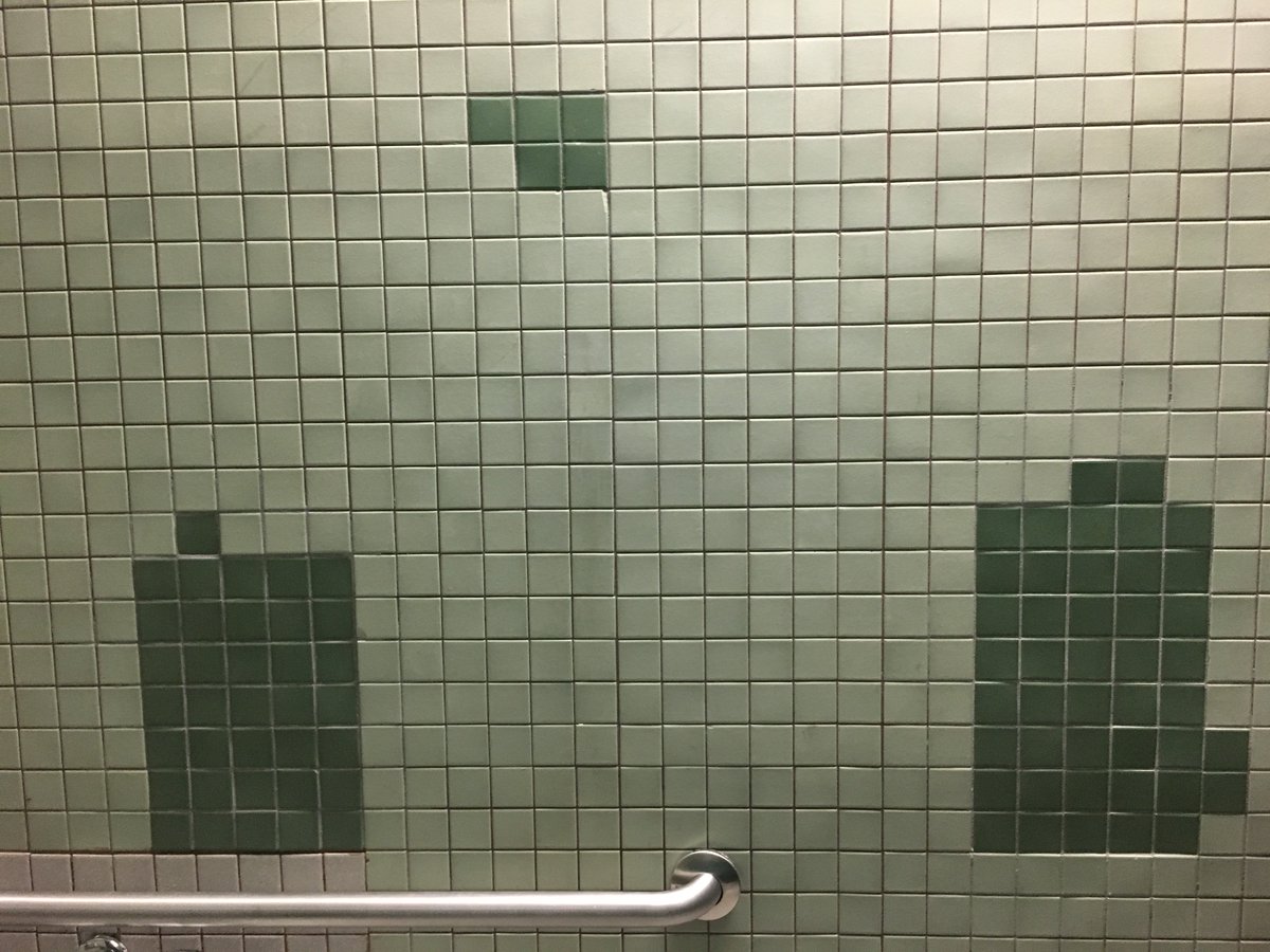 mathycathy's tweet image. To some, this is simply a bad tile patch job in a school bathroom. However, I&apos;m willing to bet the average #MTBoS-er sees potential #VisualPatterns prompts here... 🤣🤣🤣 #iteachmath