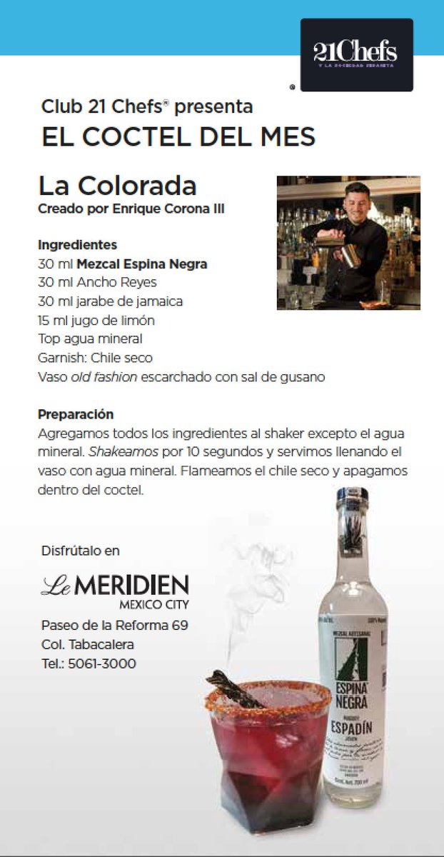 La Colorada es el coctel del mes en #MapaMasaryk creado por Enrique Corona III con base de mezcal Espina Negra (Espadín). Aquí la receta ¡Prueba crearlo tú o disfrútalo en <a href="/LeMeridienMex/">Le Méridien Mexico</a>! #mixologia