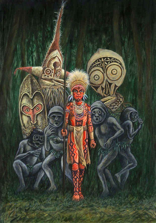 Mud Men is a story about the creation myths of Papua New Guinea tribes, seeming to combine both Asaro and Sepik motifs.