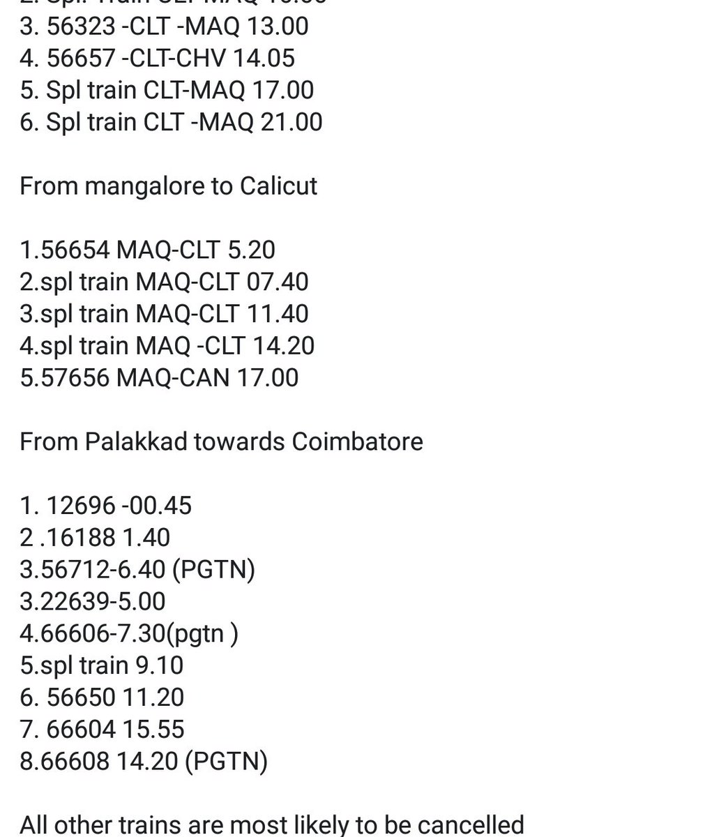 AcharyAkhil's tweet photo. Train updates! Trains running today in Kerala Aug 18,2018
#KeralaFloods #KeralaSOS #KeralaFloodRelief #KeralaRescue #rescuekerala #Kerala #indianrailway #trainsrunning #southernrailway #Kerala https://t.co/cjUZ8VhCly