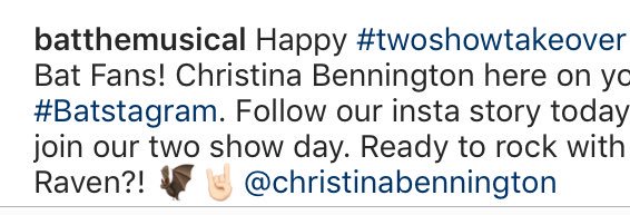 BOOHMUSICALFANS's tweet photo. Who’s super excited for @christinabenn Insta take over for @BatTheMusical #TwoShowDay #InstaTakeOver #ChristinaBennington #Raven #BatTheMusical #WestEnd #BehindTheScenes #TwoShowTakeOver https://t.co/tdnXk3Ywyd