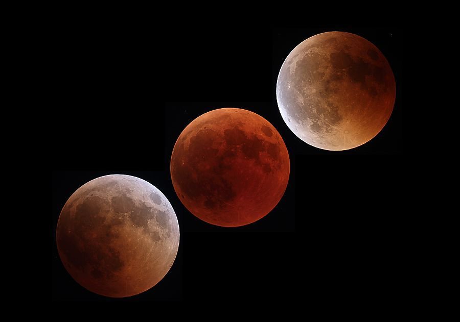 maximaxoo's tweet photo. #Space: #reddened by scattered #sunlight, the #Moon in the center is passing through the center of Earth's dark umbral #shadow in this July 27 #lunar #eclipse sequence
https://t.co/a7ydg68M3o via @apod https://t.co/i1askPeMhU