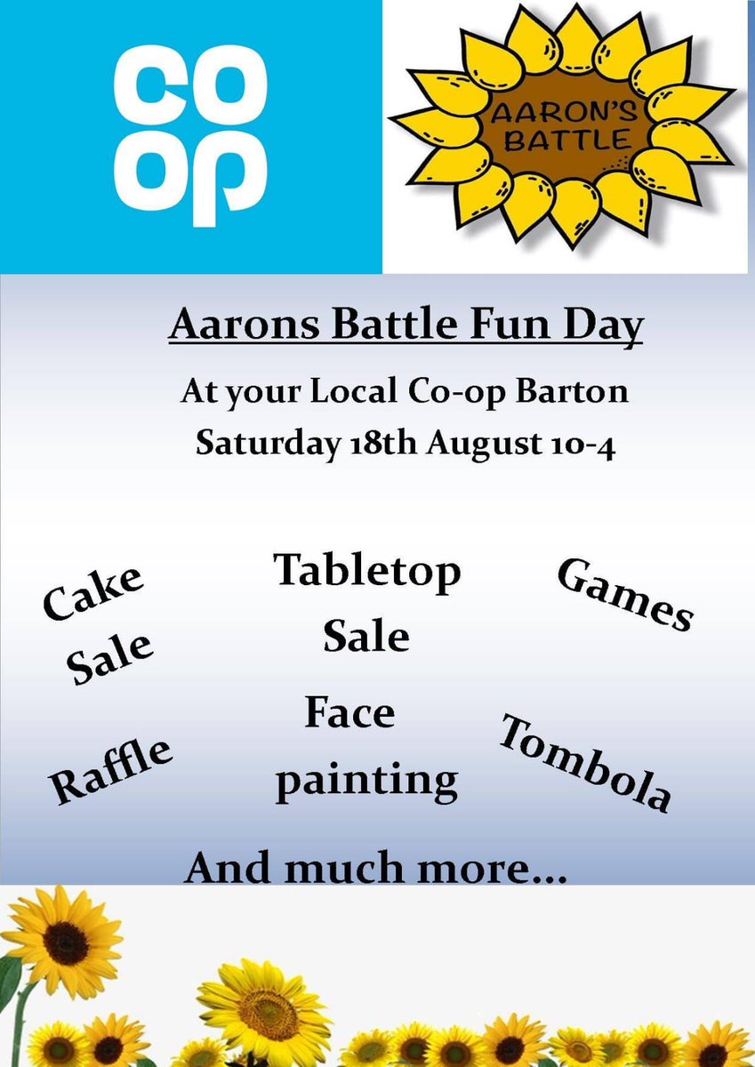 AaronsBattle's tweet photo. #today at Barton Co-op!

Its Party Time Bouncy Castles, DNS Catering - #BartonOnHumber will be bringing their catering unit to supply some great food🍔 &amp; the Fire Brigade will be bringing a fire engine between 10 - 12am.🚒

Come down &amp; support #AaronsBattle 🌻
#Saturday https://t.co/0H35TmzaZ0