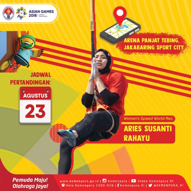 kemenhut_ri's tweet photo. 10.#AyoIndonesia, kenalan dengan atlet-atlet panjat tebing andalan kita yang akan mulai bertanding pada tanggal 23 Agustus nanti di #AsianGames2018. Ayo kita dukung Spiderwoman andalan ini jadi JUARA di #AsianGamesKita https://t.co/1GJx24RbTT