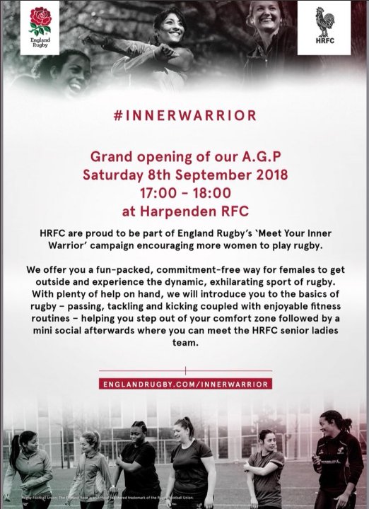 Less than 1 month to go until the @HarpendenLRUFC #InnerWarrior camp in #Harpenden alongside the grand opening of a brand new AGP. 

Saturday 8th September, 5pm - 6pm.

Join them &amp; free your Inner Warrior!

#rugby #StAlbans #TGCinHerts

<a href="/ThisGirlCanUK/">This Girl Can</a> <a href="/EnglandRugby/">England Rugby</a> <a href="/SaracensWomen/">Saracens Women</a>