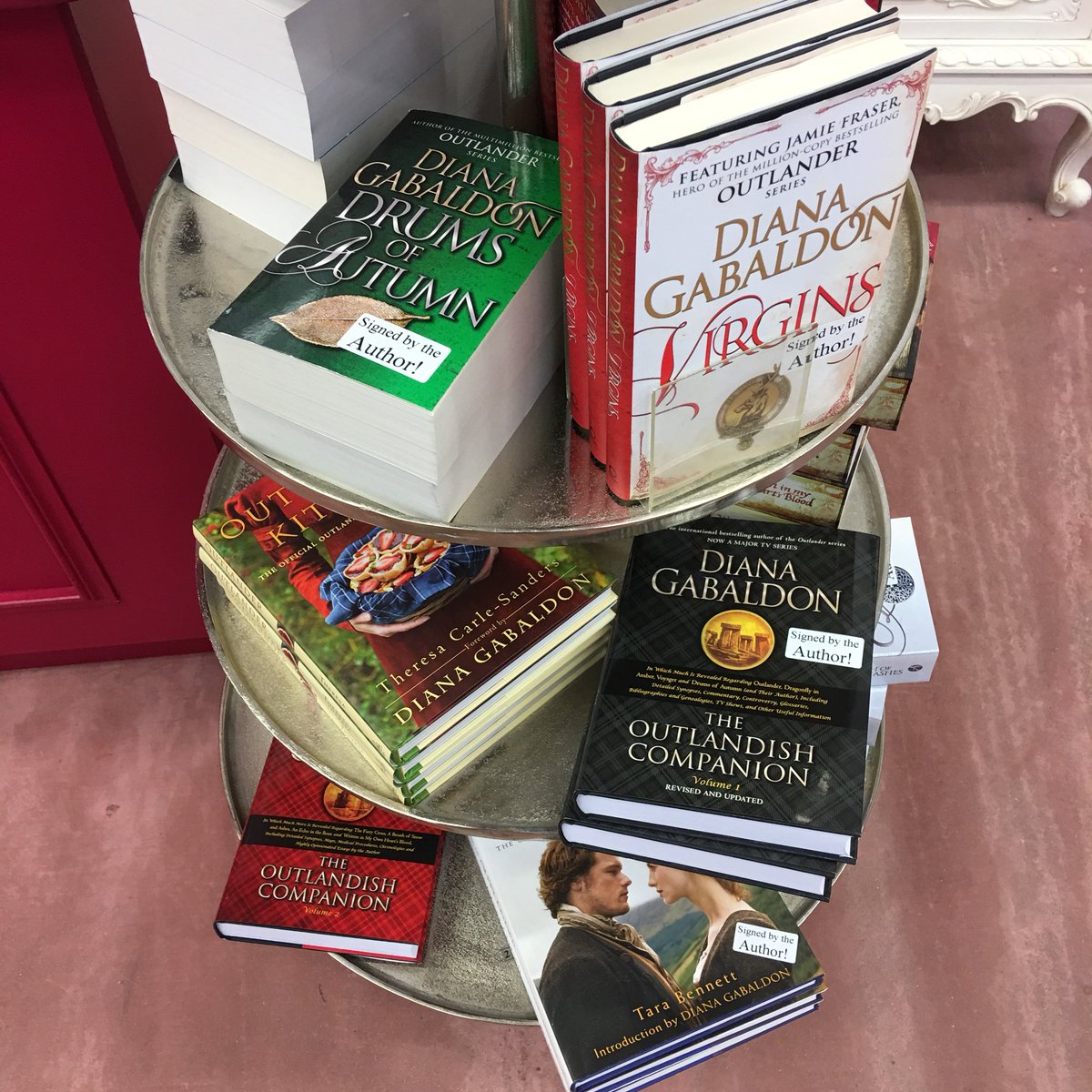 OldSchoolBeauly's tweet photo. Some of the Outlander books kindly signed by Diana Gabaldon ready for today’s Bright Beauly Fair. 
Our shop opens at 9am and the Fair opens at 11 am. 
And there is a ceilidh dance tonight!!
#outlander #signedbooks #brightbeaulyfair https://t.co/NIHdygHcUG