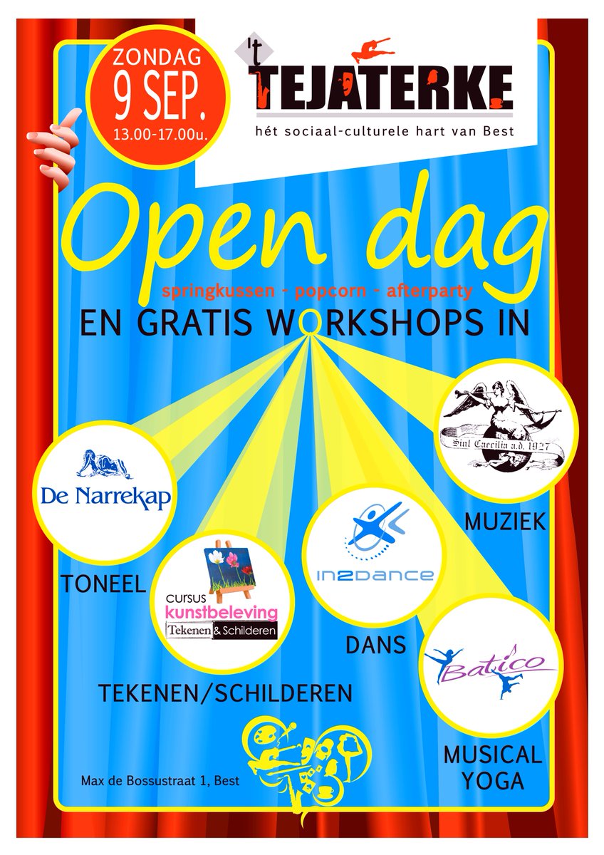 Op zondag 9 september organiseren alle gebruikers van 't Tejaterke gezamenlijk een open dag! Iedereen is welkom van 13.00 tot 16.00 uur om te komen kijken naar demonstraties en workshops op het gebied van muziek, toneel, dans, schilderen, enz enz.