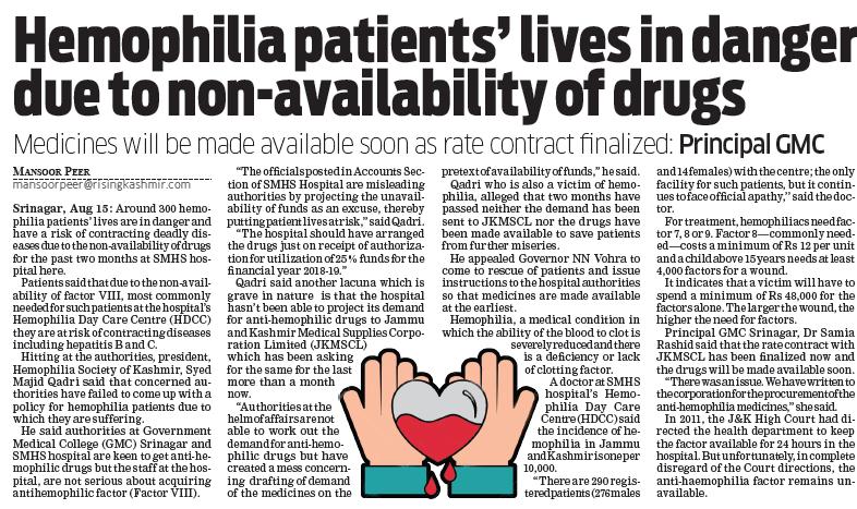 PeerzadaMansoor's tweet photo. #Hemophilia #patients’ lives in danger due to #nonavailability of #drugs
#GMC #SMHS #Hemoplilia #Daycare #centre
https://t.co/BPOhZ2PCS6 https://t.co/NMhlgBbwbA