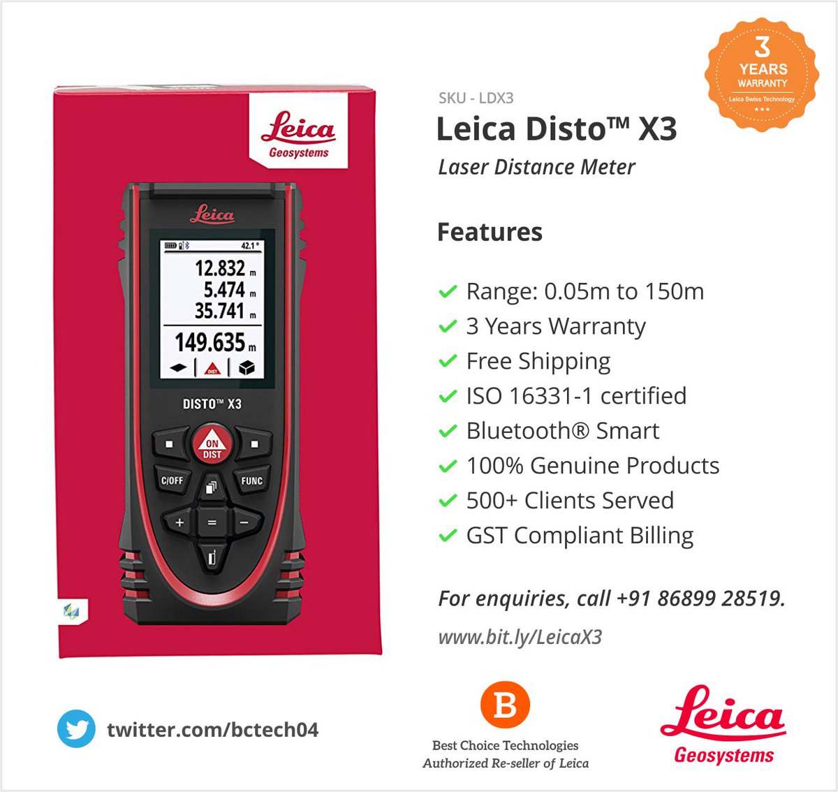bctech04's tweet photo. Leica Disto™ X3 with 3 Years Warranty + Free Shipping > https://t.co/5gxlik5M76 🌎📏📲 #leica #swisstechnology #distox3 #disto #x3 #3years #warranty #freeshipping #india #bestchoice #leicageosystems #wildheerbrugg #laserdisto #HomeDecor #homedecortools https://t.co/Gx7IqpfRo7